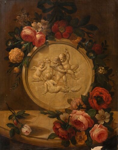STILL LIFE OF ROSES & MARBLE CHERUBS ON A MANTLE OIL PAINTING