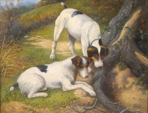   A PAID OF FOX TERRIERS AT A RABBIT HOLE OIL PAINTING
