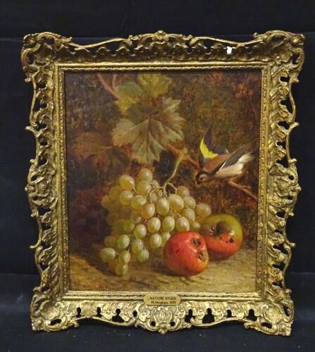  STUDY OF GRAPES,APPLES AND A BULLFINCH OIL PAINTING