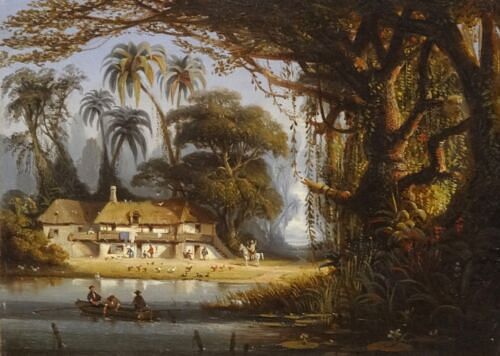 BRAZIL,FRENCH COLONIAL LANDSCAPE OIL PAINTING