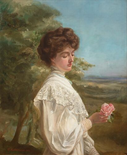  PORTRAIT OF AN EDWARDIAN LADY OIL PAINTING