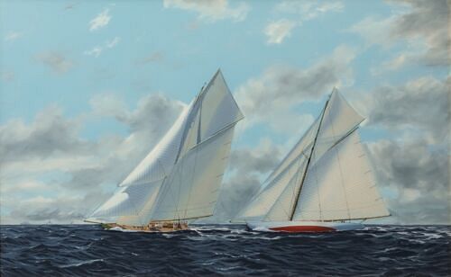  SHAMROCK IV & RESOLUTE IN THE AMERICAS CUP OIL PAINTING