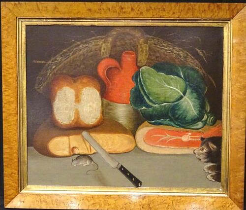 NAIVE SCHOOL KITCHEN FOOD CAT & MOUSE STILL LIFE OIL PAINTING