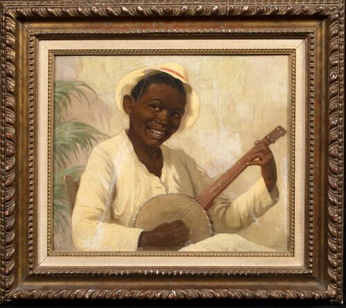  PORTRAIT OF A YOUNG BLACK MAN PLAYING THE BANJO OIL PAINTING