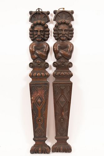 ENGLISH  CARVED OAK  FIGURAL PILASTERS  19TH C.,  PAIR H 22" W 3" 