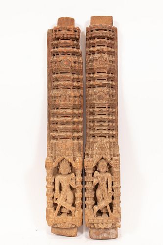 INDIAN CARVED WOOD WALL ORNAMENTS, C. 1900, PAIR, H 20", W 3" 