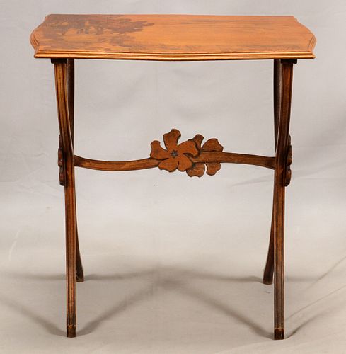 EMILE GALLE (FRENCH, 1846-1904), RARE MARQUETRY MAHOGANY TABLE WITH VARIOUS FRUITWOOD INLAYS, '1 OF 5 KNOWN' H 29", W 27", D 17"