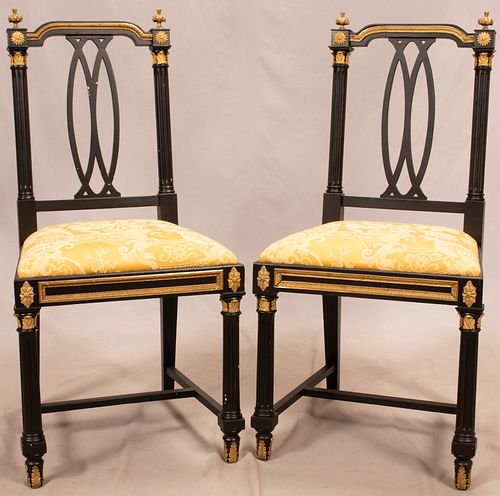 FRENCH EMPIRE EBONIZED AND BRONZE SIDE CHAIRS, C. 1920, PAIR H 38" W 18" 