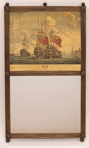 TRUMEAU MIRROR WITH NAVAL PRINT H 40", W 22", THE TERRIBLE AND THE NEPTUNE 