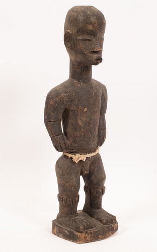 AFRICAN ART CEREMONIAL CARVED WOOD & COTTON FIGURE, H 22", W 6"
