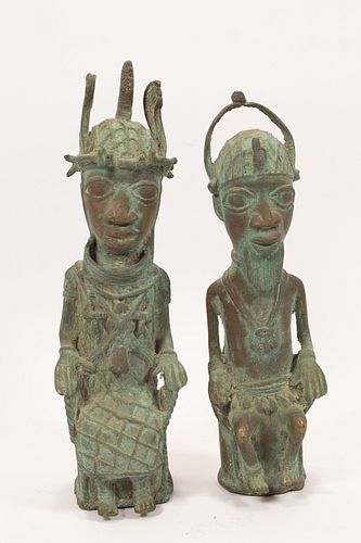 AFRICAN ART BRONZES, PAIR, H 14.5"-16", SEATED FIGURES 