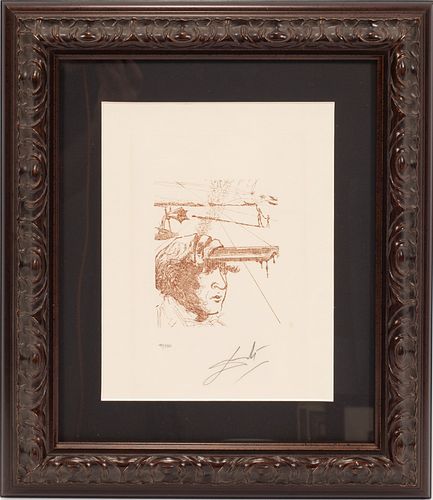 SALVADOR DALI (SPANISH, 1904-1989) ETCHING IN SEPIA ON PAPER, 1967 H 7", W 5.25" THOMAS EDISON, FROM THE FIVE AMERICANS 