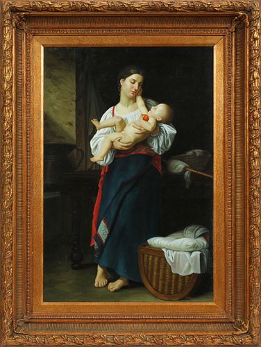 VAN ASCH MODERN, OLD MASTER STYLE OIL ON CANVAS, C.1998, H 36" W 24" PEASANT GIRL WITH CHILD 