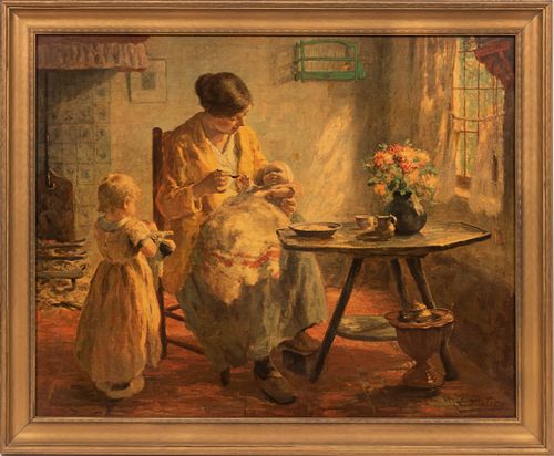 AFTER EVERT PIETERS, COLOR LITHOGRAPH ON MASONITE, H 22", W 28", MOTHER WITH CHILDREN 