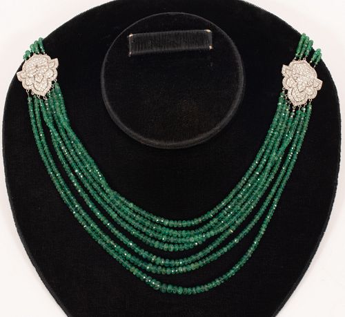 BELLE EPOCH DIAMOND AND EMERALD NECKLACE FIRST QUARTER 20TH C. L 11" - 15" 