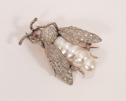 14KT YELLOW AND WHITE GOLD,  PAVE DIAMONDS, AND MABE PEARL BUMBLEBEE BROOCH 