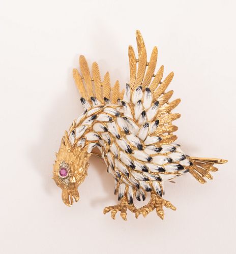 18KT YELLOW GOLD, ENAMEL BROOCH IN THE FORM OF A BIRD H 2 3/8" 