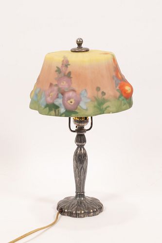 PAIRPOINT LAMP, PUFFY GLASS SHADE H 14" DIA 8.5" HOLLYHOCKS 