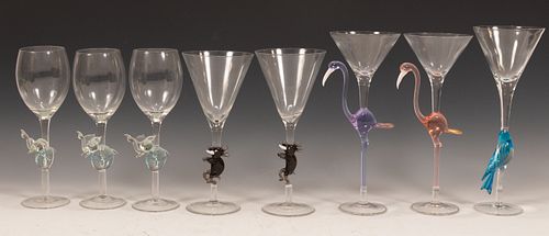 VENETIAN WHIMSICAL BLOWN GLASS COCKTAIL GLASSES,(8) ELEPHANTS AND BIRDS H 9", 10" 