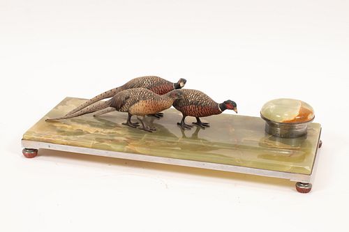 AUSTRIAN COLD PAINTED BRONZE, "PHEASANT" ONYX AND SILVER INKSTAND, C 1900 H 4.5" L 16" D 7" 