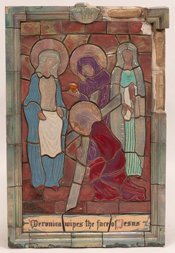 MARY CHASE STRATTON (AMERICAN 1867-1961) PEWABIC POTTERY IRIDESCENT STATION OF THE CROSS, VI, C.1924-1929 H 41.5" W 27.5" D 3" 