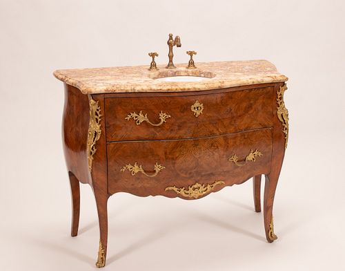 LOUIS XV STYLE SATINWOOD & MARBLE TOP COMMODE SINK, H 37", W 48"