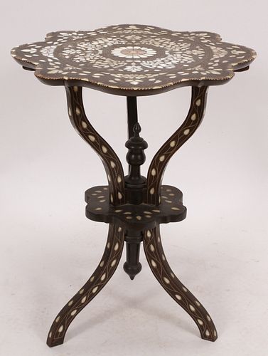 SYRIAN DAMASCUS BONE & MOTHER OF PEARL INLAID TABLE, C. 1900, H 29", DIA 24"