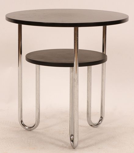 ARKITEKTURA PAINTED WOOD AND CHROME SIDE TABLE H 24" DIA 23.5" 