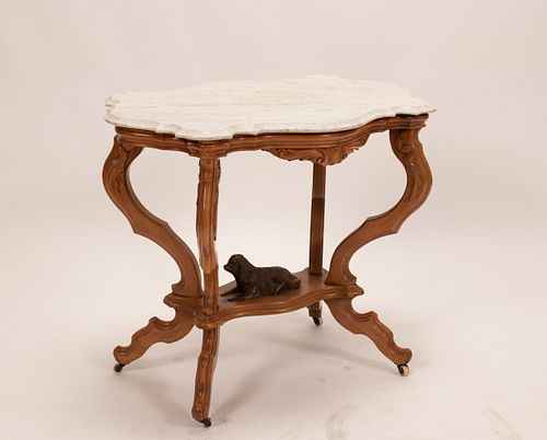 VICTORIAN WALNUT MARBLE TOP TABLE, C 1870 H 29", W 36"