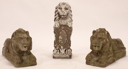 CEMENT LION GARDEN SCULPTURES, THREE PIECES, H 17", W 10", L 26" (RECUMBENT LIONS) 
