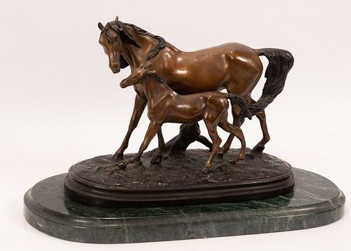AFTER CHRISTOPHE FRATIN (FRENCH, 1801-1864) BRONZE SCULPTURE, H 10", W 14", HORSES 
