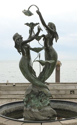 BRONZE MONUMENTAL SIZE WATER FOUNTAIN, H 84", W 37", MERMAIDS WITH CASCADING LILIES 