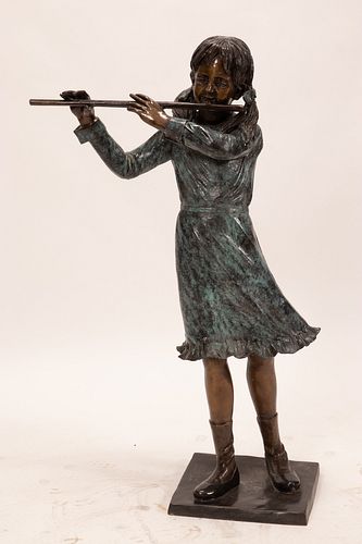 UNSIGNED BRONZE SCULPTURE, H 50", W 29", YOUNG FLAUTIST 