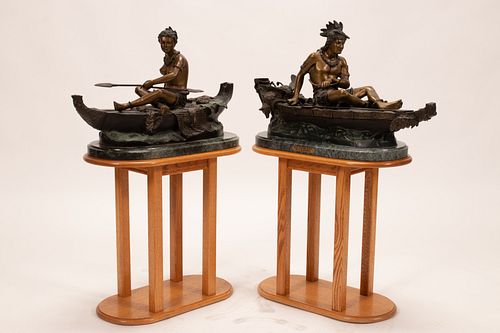 AFTER DUCHOISELLE (FRENCH 19TH C.) BRONZE SCULPTURES, L 25" "ALLEGORY OF FISHING" AND "ALLEGORY OF THE HUNT" 