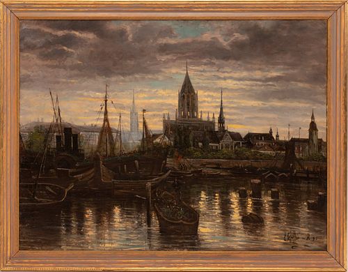 SIGNED FLEMISH OIL ON CANVAS, 1895, H 37", W 50", RIVER SCENE WITH GOTHIC CATHEDRAL 