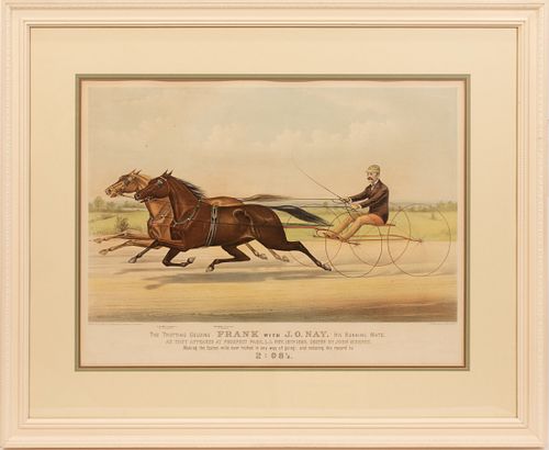 CURRIER & IVES (AMERICAN, 19/20TH C) COLOR LITHOGRAPH, H 19", W 29", "THE TROTTING GELDING..." 