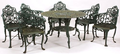 VICTORIAN SET CAST IRON, PATIO SET, C. 1980-2000 TABLE AND SIX CHAIRS 