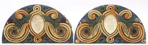 ENGLISH GLAZED STONEWARE ARCHITECTURAL MOUNTS EARLY 20TH C. PAIR H 17 1/2" W 31 1/2"  