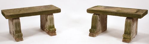 MARBLE GARDEN BENCHES C.1900, TWO, H 16" W 42" D 18" 