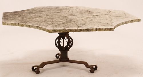 VICTORIAN MARBLE TOP TABLE ON CAST IRON BASE C. 1880-1900 H 18" DIA 42" 