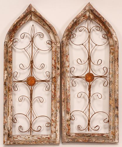 GOTHIC INSPIRED IRON AND PAINTED WOOD WINDOWS  1900-1920 H 30" W 12" 