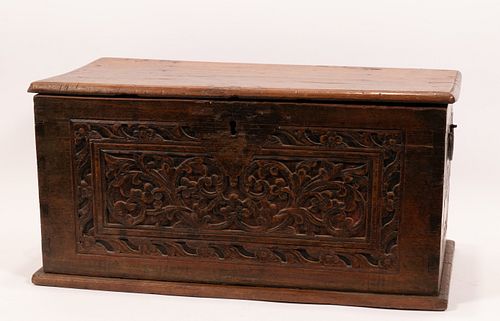 ENGLISH CARVED OAK AND WROUGHT IRON TRUNK 19TH C.  H 12" W 24" D 13" 