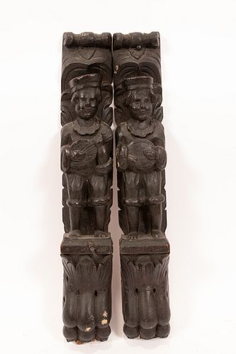 ENGLISH CARVED WOOD CARYATIDS, 18TH/19TH.C. PAIR H 18.5" W 3" D 2" MUSICIANS 