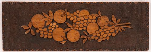 AMERICAN FOLK-ART CARVED WOOD ARCHITECTURAL PANEL, 1909, H 9" W 26.5" 