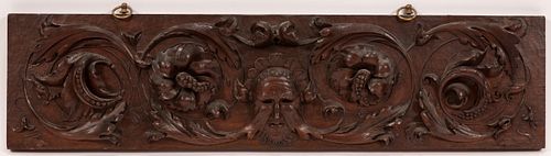 FRENCH RELIEF CARVED MAHOGANY PANEL, C.1900 H 8" W 30" THE GREEN MAN 