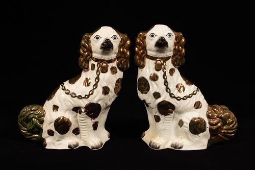 STAFFORDSHIRE POTTERY AND COPPER LUSTER KING CHARLES  SPANIELS 19TH.C. PAIR H 12" W 11" 