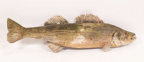 AMERICAN PRIMATIVE CARVED WOOD FISH MID 20TH C.  H 11" L 34" 