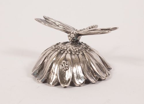 REED AND BARTON SILVER PLATE "DRAGONFLY" MUSIC BOX DIA 3" 