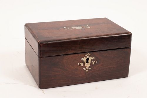 ENGLISH ROSEWOOD AND MOTHER OF PEARL BOX C 1870 H 3.7" L 7" D 5" 