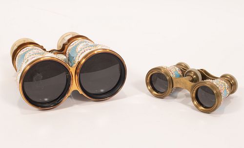 FRENCH PORCELAIN AND ENAMEL  OPERA GLASSES, TWO PAIRS,  CIRCA 1900 H 2", 6.2" 